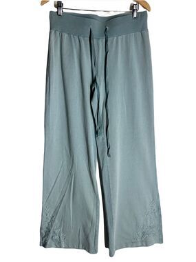 NWT Karyn Seo Floral Embroidered Pull On Pant Teal Blue Wide Legs Legging Size M
